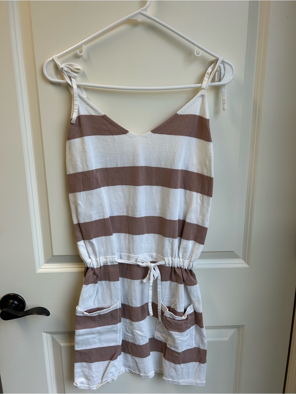 Striped Tie-Shoulder Summer Romper in White & Taupe small